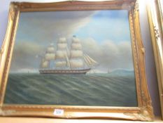 A giltwood framed oil on canvas 'U.S.A Man 'o' war' signed F Singer, image 59 x 50 cm.