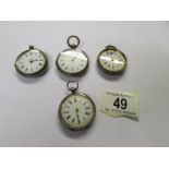 3 silver fob watches, all working but 2 need glass and another silver fob watch (spring gone).