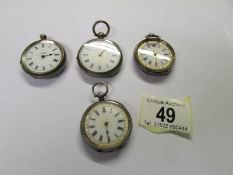 3 silver fob watches, all working but 2 need glass and another silver fob watch (spring gone).