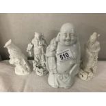 2 Chinese Blanc de Chine figurines, A white porcelain Japanese Buddha and a white porcelain bird.