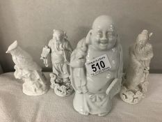 2 Chinese Blanc de Chine figurines, A white porcelain Japanese Buddha and a white porcelain bird.