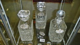 3 glass decanters & 4 wine labels