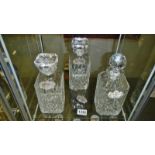 3 glass decanters & 4 wine labels