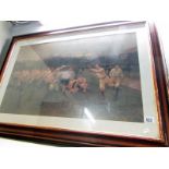 A large framed and glazed print of a rugby game after W.T.B.