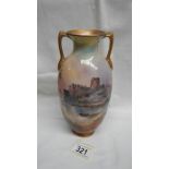 A Royal Doulton, England, Pembroke Castle 2 handled vase hand painted by J H Plant.