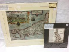 A 17th century coloured engraving map of Cornwall by William Kip/ William Hole/ Saxton/ Norden,
