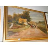 A large gilt framed oil on canvas 'Hay making on a country road' signed Gus Goad 1907 (repaired and