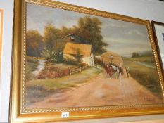 A large gilt framed oil on canvas 'Hay making on a country road' signed Gus Goad 1907 (repaired and