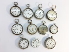 9 silver fob watches and one other, all in need of attention.