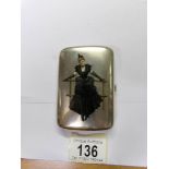 A continental silver cigarette case with a figure of a lady on the front, marked 800.