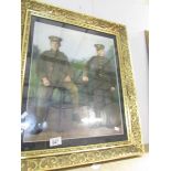 A framed and glazed WW1 soldiers photographic print with oil painted background in good quality