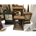 4 old mantel clocks and a miniature Grandfather clock.