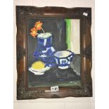 A Scottish colourist school style acrylic on board painting 'Still Life with Lemon and Blue & White