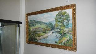 An oil on canvas countryside cottages next to water,