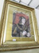 A portrait print of Richard III in ornate ghesso frame, a/f. Image 33 x 47 cm, framed 67 x 80 cm.