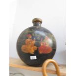 A large hand painted metal oriental flask.