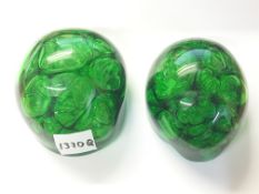 2 Victorian green slag glass paperweights