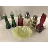 A pair of green glass scent bottles with enamel decoration, 3 sugar castors,