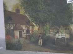 An unframed folk art oil painting of man with haycart.