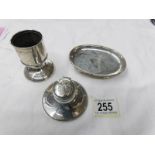 A silver inkwell, a silver pin dish and a silver toothpick holder.