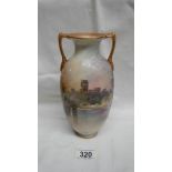 A Royal Doulton, England, Warwick Castle 2 handled vase, painted by J H Plant.