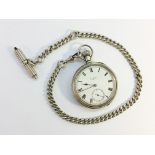 A silver pocket watch on silver chain marked Elgin USA. In working order.