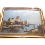 A large oil on canvas 'Continental Harbour Scene' in ornate gilt frame, image 90 x 59 cm.