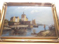 A large oil on canvas 'Continental Harbour Scene' in ornate gilt frame, image 90 x 59 cm.