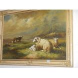 A large oil painting on canvas in ornate frame 'Shepherdess tending cattle and sheep' image 89.