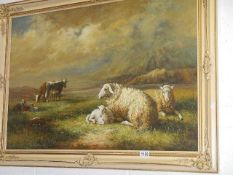 A large oil painting on canvas in ornate frame 'Shepherdess tending cattle and sheep' image 89.