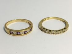 2 9ct gold rings, one diamond set, size M half, the other size L, weight 3 grams.