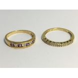 2 9ct gold rings, one diamond set, size M half, the other size L, weight 3 grams.