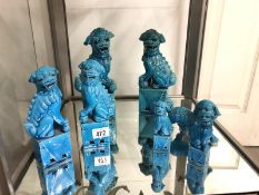 3 pairs of blue pottery Dogs of Fo and one other.