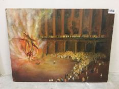 An unframed Spanish oil painting 'Bonfire at St. John Festival', 60 x 44.5 cm.