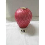 An American satin glass vase in pink, 5" tall.