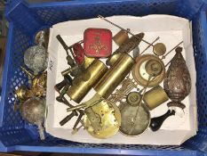 A quantity of clock parts including weights, finials and keys.