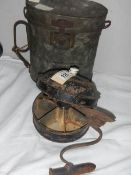 A 19th century cast iron goffering iron, a spice tin with grinder etc.