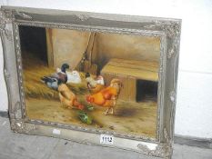 A contemporary oil on canvas of ducks and chickens in ornate frame, image 39 x 29 cm.