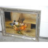 A contemporary oil on canvas of ducks and chickens in ornate frame, image 39 x 29 cm.