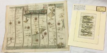 A 17th century coloured engraving road map of London to Flambrugh by John Ogilby,