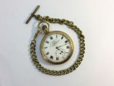 A gilded pocket watch on chain marked Thomas Russell & Son, Liverpool. In working order.