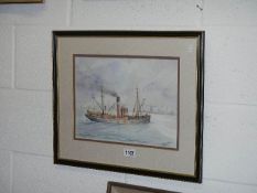 A framed and glazed double mounted watercolour of a tug (possibly a Grimsby vessel) signed G