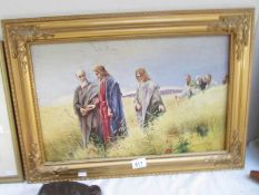 An oil on canvas 'Jesus in the Field', signed M. Xavier, 1918. Image 52 c 32.5 cm.