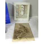 An unframed sepia wash drawing of cherubs and a framed and glazed watercolour of a derelict