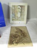 An unframed sepia wash drawing of cherubs and a framed and glazed watercolour of a derelict