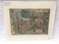 A 16th century hand-coloured engraved map of the British Isles orientated to the West by Dutchman