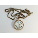 A 14ct gold ladies pocket watch marked 525 on a 9ct gold chain marked 9c (approximate weight of