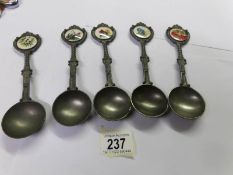 5 German pewter hand painted flower plaque spoons.