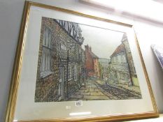 A watercolour and ink painting of Steep Hill in Lincoln by Lincoln artist Gordon Cumming,