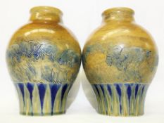 A pair of rounded Doulton vases with sheep by Hannah Barlow,